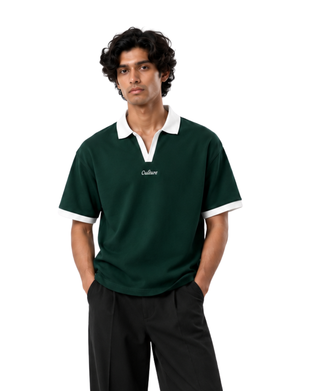 Contrast Collar Polo - Forest Green/White
