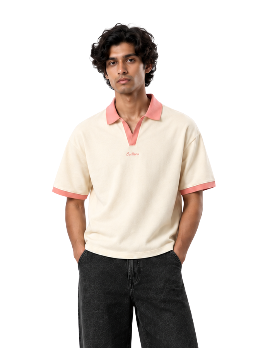 Contrast Collar Polo - Antique White/Pink