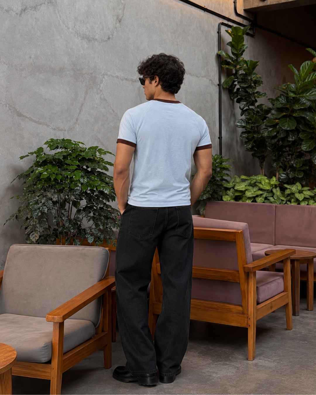 Ringer Raglan Tee - Powder Blue/ Coffee Bean