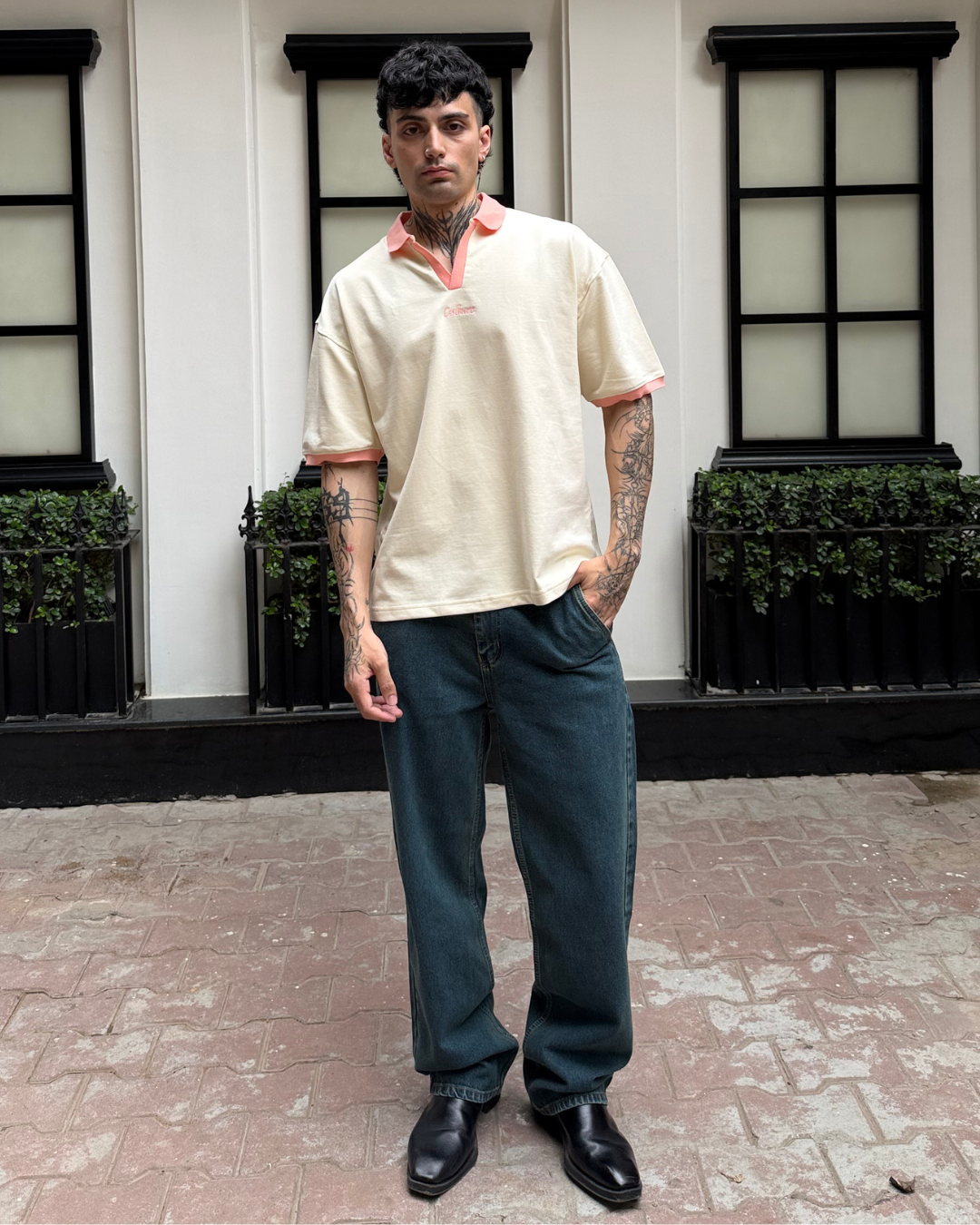 Contrast Collar Polo - Antique White/Pink