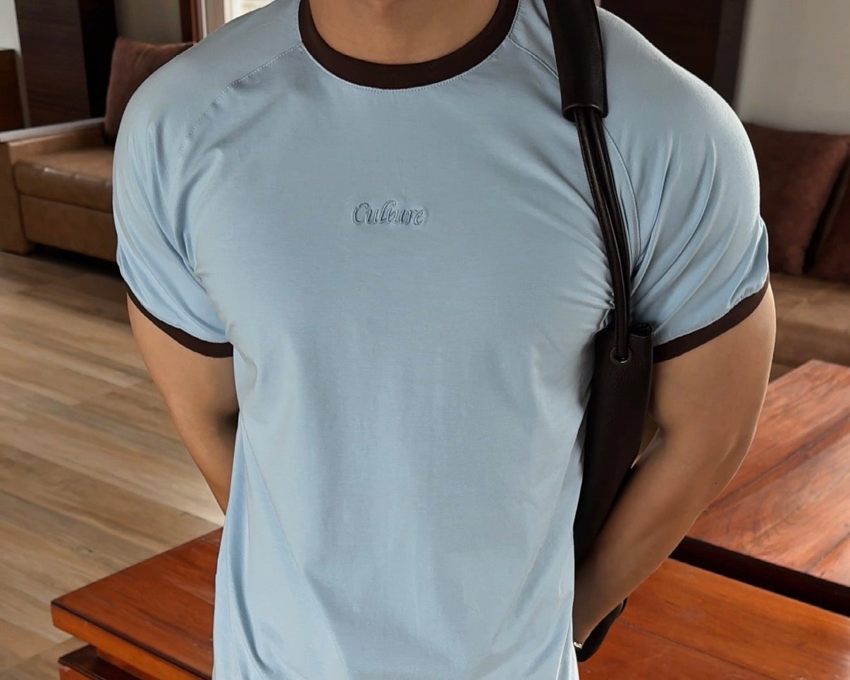 Ringer Raglan Tee - Powder Blue/ Coffee Bean