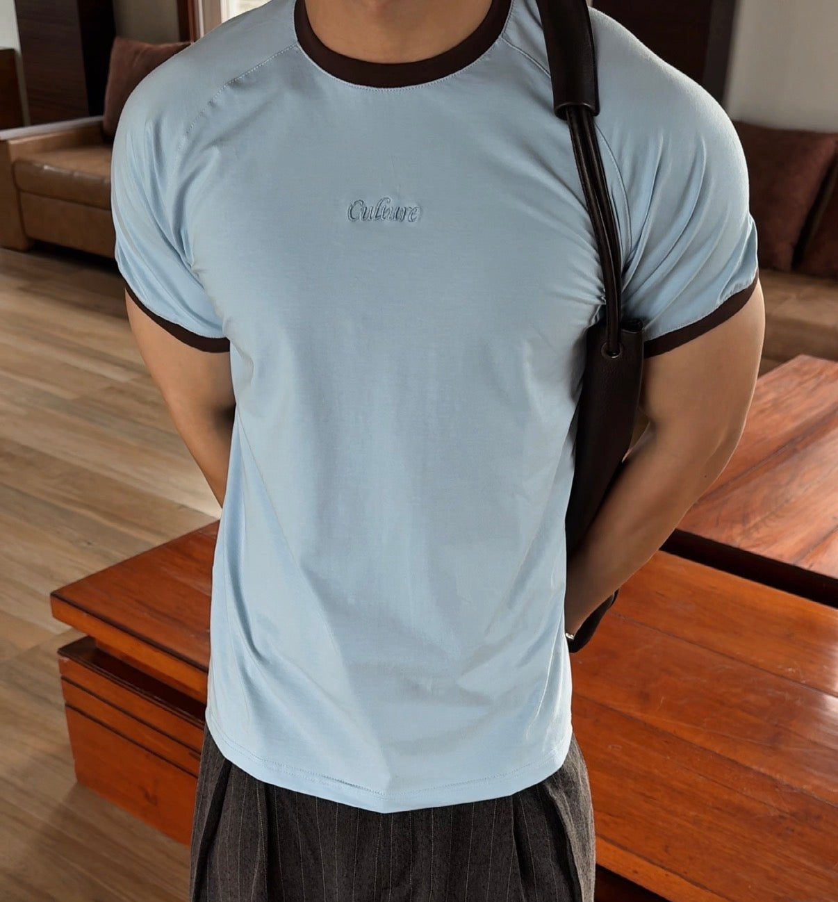 Ringer Raglan Tee - Powder Blue/ Coffee Bean